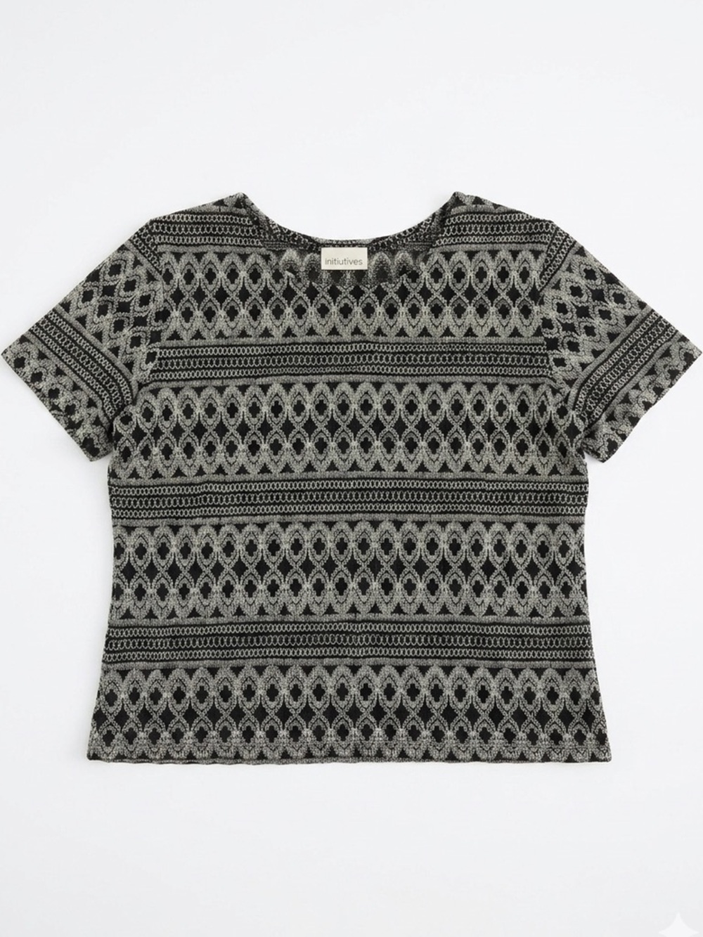 Initiatives Metallic Silver & Black Geometric Knit Top Size L